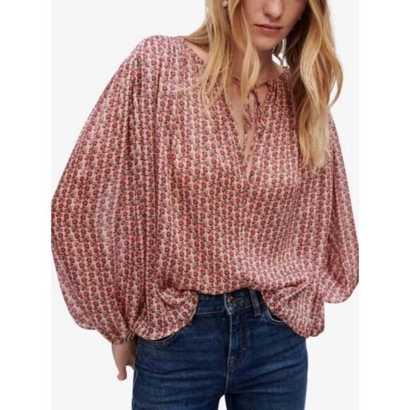 💕MAJE Lolivate Floral-Print Satin Blouse Mini Fleurs Print Size 2 = Medium NWT - Picture 2 of 16